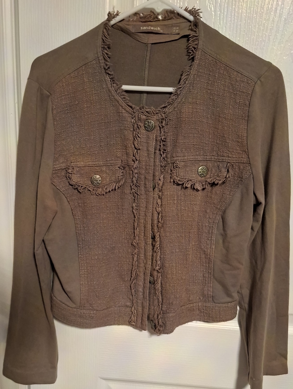 Sandwich Taupe Fringe-Trim Cropped Jacket